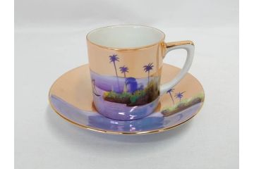 明治〜大正期　オールドノリタケ　NORITAKE　ラスター彩　金彩　コーヒーポット　デミタスカップ&ソーサー　異国情緒あふれるデザインが優雅なひとときを演出するコーヒーセット(風景、舟、船、マルキ印、オレンジ、C&S、洋食器)(R-083295)