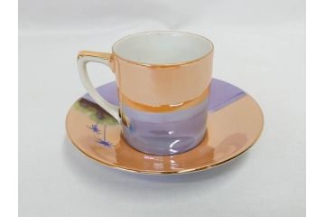 明治〜大正期　オールドノリタケ　NORITAKE　ラスター彩　金彩　コーヒーポット　デミタスカップ&ソーサー　異国情緒あふれるデザインが優雅なひとときを演出するコーヒーセット(風景、舟、船、マルキ印、オレンジ、C&S、洋食器)(R-083295)