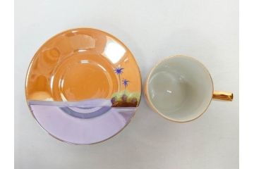 明治〜大正期　オールドノリタケ　NORITAKE　ラスター彩　金彩　コーヒーポット　デミタスカップ&ソーサー　異国情緒あふれるデザインが優雅なひとときを演出するコーヒーセット(風景、舟、船、マルキ印、オレンジ、C&S、洋食器)(R-083295)