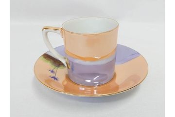 明治〜大正期　オールドノリタケ　NORITAKE　ラスター彩　金彩　コーヒーポット　デミタスカップ&ソーサー　異国情緒あふれるデザインが優雅なひとときを演出するコーヒーセット(風景、舟、船、マルキ印、オレンジ、C&S、洋食器)(R-083295)