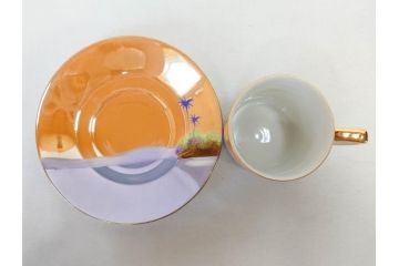 明治〜大正期　オールドノリタケ　NORITAKE　ラスター彩　金彩　コーヒーポット　デミタスカップ&ソーサー　異国情緒あふれるデザインが優雅なひとときを演出するコーヒーセット(風景、舟、船、マルキ印、オレンジ、C&S、洋食器)(R-083295)