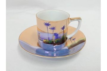明治〜大正期　オールドノリタケ　NORITAKE　ラスター彩　金彩　コーヒーポット　デミタスカップ&ソーサー　異国情緒あふれるデザインが優雅なひとときを演出するコーヒーセット(風景、舟、船、マルキ印、オレンジ、C&S、洋食器)(R-083295)