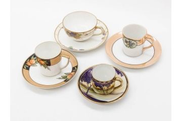 明治〜大正期　オールドノリタケ　NORITAKE　ラスター彩　金彩　金盛　花　手仕事の美しさが凝縮されたカップ&ソーサー4客セット(マルキ印、フラワー、オレンジ、風景、ハンドペイント、C&S、洋食器)(R-083296)