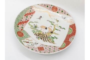 江戸期　古伊万里　色絵　染付　金彩　鶴松図　約46cm　1尺5寸　緻密な絵付けに匠の美技を感じる大皿(山、風景、吉祥文様、和皿、和食器、尺皿、一尺五寸)(R-083297)