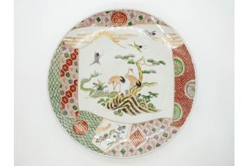 江戸期　古伊万里　色絵　染付　金彩　鶴松図　約46cm　1尺5寸　緻密な絵付けに匠の美技を感じる大皿(山、風景、吉祥文様、和皿、和食器、尺皿、一尺五寸)(R-083297)