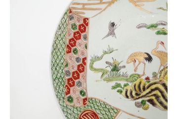 江戸期　古伊万里　色絵　染付　金彩　鶴松図　約46cm　1尺5寸　緻密な絵付けに匠の美技を感じる大皿(山、風景、吉祥文様、和皿、和食器、尺皿、一尺五寸)(R-083297)