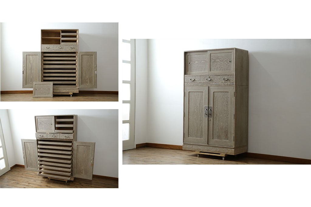 中古　高級品!!　特注デザイン　浮造り仕上げ　加藤隆康作　モダンな雰囲気漂う春日部総桐箪笥　(R-083302)