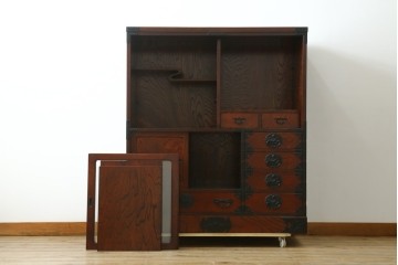 中古　美品　仙台民芸箪笥(仙台箪笥)　欅産業　拭き漆塗り　華やかな金具の茶箪笥　(R-083348)