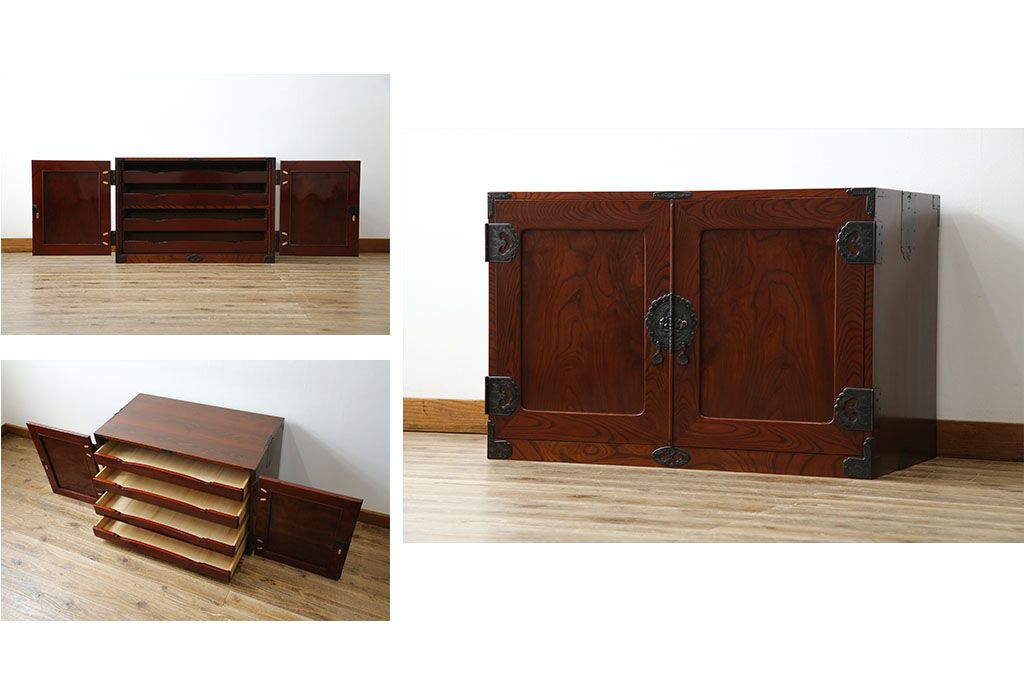 和製アンティーク 美品!! 前面欅(ケヤキ)材 漆塗り 重厚な手打ち金具と美しい杢目が魅力的な作りの良いローボード(テレビ台、テレビボード、和タンス、収納たんす、引き出し、ローチェスト、観音箪笥)(R-083381)