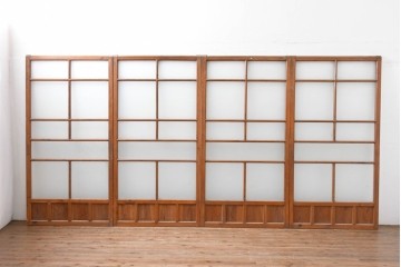 ヴィンテージ建具　昭和中期　素朴な格子デザインのガラス戸4枚セット　(R-083408)