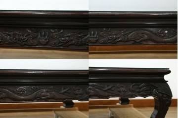 和製ヴィンテージ　超美品　民芸家具　総紫檀(シタン)彫刻　花鳥図と龍の総彫りが高級感たっぷりなガラス天板付き座卓　(R-083418)