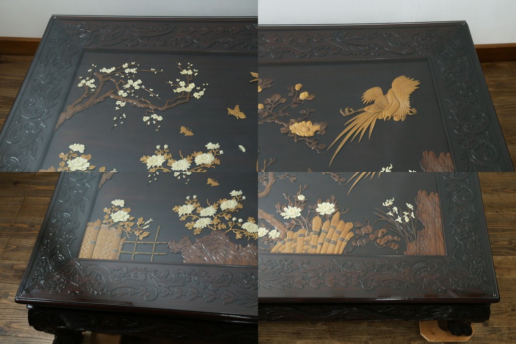和製ヴィンテージ　超美品　民芸家具　総紫檀(シタン)彫刻　花鳥図と龍の総彫りが高級感たっぷりなガラス天板付き座卓　(R-083418)