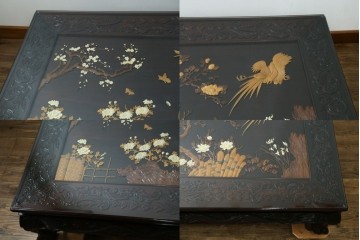 和製ヴィンテージ　超美品　民芸家具　総紫檀(シタン)彫刻　花鳥図と龍の総彫りが高級感たっぷりなガラス天板付き座卓　(R-083418)