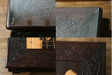 和製ヴィンテージ　超美品　民芸家具　総紫檀(シタン)彫刻　花鳥図と龍の総彫りが高級感たっぷりなガラス天板付き座卓　(R-083418)