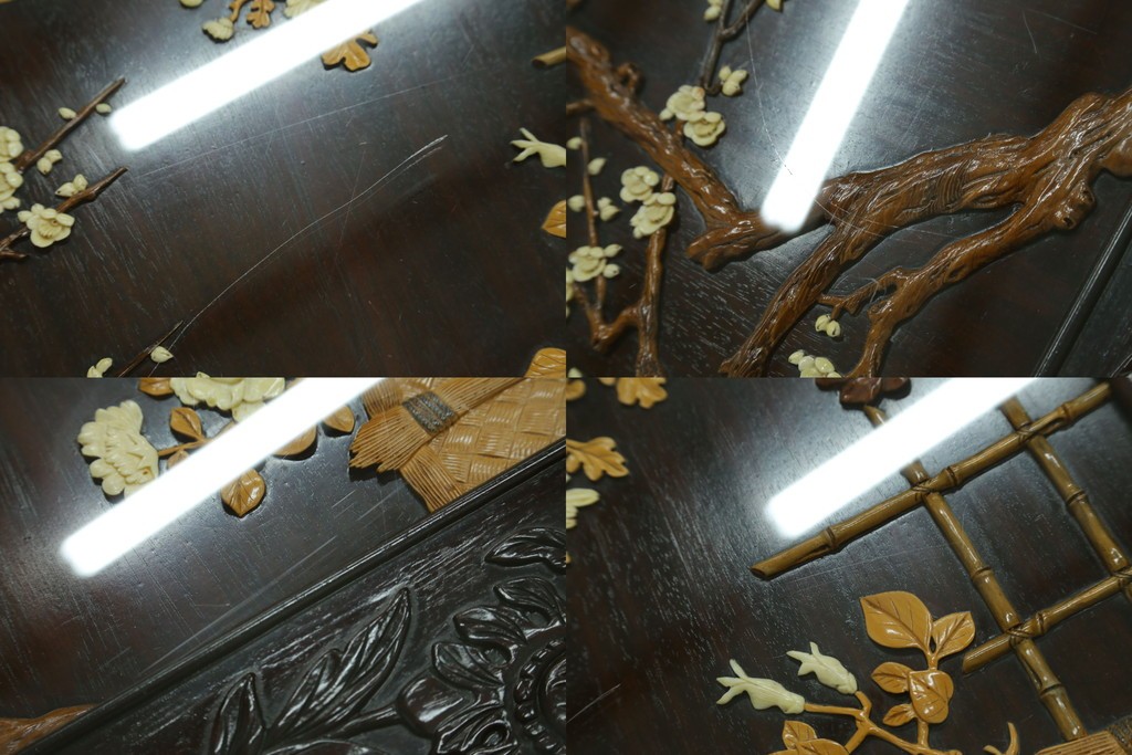 和製ヴィンテージ　超美品　民芸家具　総紫檀(シタン)彫刻　花鳥図と龍の総彫りが高級感たっぷりなガラス天板付き座卓　(R-083418)