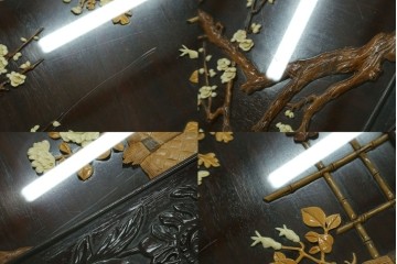 和製ヴィンテージ　超美品　民芸家具　総紫檀(シタン)彫刻　花鳥図と龍の総彫りが高級感たっぷりなガラス天板付き座卓　(R-083418)