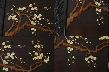 和製ヴィンテージ　超美品　民芸家具　総紫檀(シタン)彫刻　花鳥図と龍の総彫りが高級感たっぷりなガラス天板付き座卓　(R-083418)