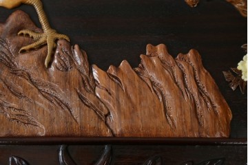和製ヴィンテージ　超美品　民芸家具　総紫檀(シタン)彫刻　花鳥図と龍の総彫りが高級感たっぷりなガラス天板付き座卓　(R-083418)