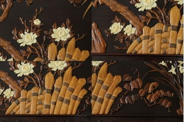 和製ヴィンテージ　超美品　民芸家具　総紫檀(シタン)彫刻　花鳥図と龍の総彫りが高級感たっぷりなガラス天板付き座卓　(R-083418)