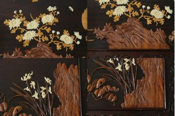 和製ヴィンテージ　超美品　民芸家具　総紫檀(シタン)彫刻　花鳥図と龍の総彫りが高級感たっぷりなガラス天板付き座卓　(R-083418)