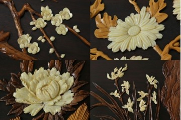 和製ヴィンテージ　超美品　民芸家具　総紫檀(シタン)彫刻　花鳥図と龍の総彫りが高級感たっぷりなガラス天板付き座卓　(R-083418)