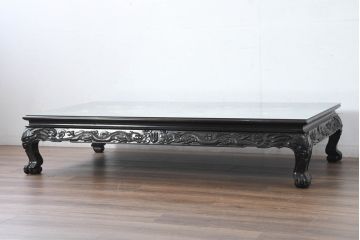 中古　超美品　民芸家具　総紫檀(シタン)彫刻　花鳥図と龍の総彫りが高級感たっぷりなガラス天板付き座卓(ローテーブル、センターテーブル、リビングテーブル)(R-083418)