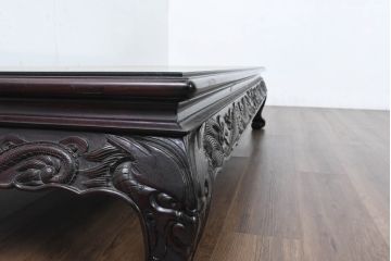 中古　超美品　民芸家具　総紫檀(シタン)彫刻　花鳥図と龍の総彫りが高級感たっぷりなガラス天板付き座卓(ローテーブル、センターテーブル、リビングテーブル)(R-083418)