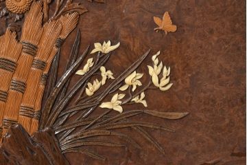和製ビンテージ　超美品　最高級　シタン(紫檀)材とカリン(花梨)材　鳥眼杢を背景に竹の意匠と花蝶図の彫刻が映える雅な衝立て(衝い立て、パーテーション、仕切り、ヴィンテージ)(R-083423)