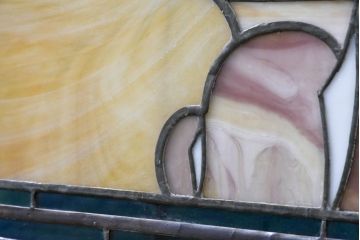 和製アンティーク　大正ロマン　丸型　芸術作品として観賞用にもぴったりの海辺(灯台と夕日)を描いた大きなステンドグラスフィックス窓1枚(建具、明かり取り、明り取り、FIX窓、ガラス窓、嵌め殺し、ディスプレイ、アート)(R-083433)