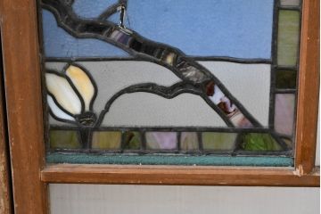 和製アンティーク　大正ロマン　芸術作品として観賞用にもぴったりの花鳥(木蓮とインコ)を描いたステンドグラス窓2枚セット(建具、明り取り、ガラス戸、ディスプレイ、アート)(R-083435)
