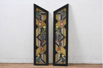 和製アンティーク　大正ロマン　和洋折衷の美を感じるステンドグラス窓2枚(建具、明かり取り、明り取り、ガラス窓、ディスプレイ、アート)(R-083438)