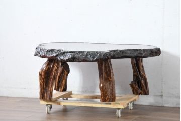 和製ビンテージ　瘤杢(こぶもく)　輪切り一枚板の座卓(ローテーブル、センターテーブル、リビングテーブル、ヴィンテージ)(R-083442)