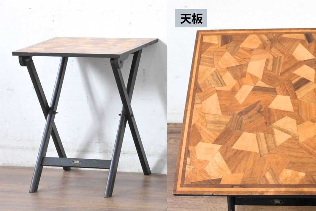 ヴィンテージ家具　フィリピン製 　WOODFLEX PHILS.INC　パーケットリー天板の折り畳みサイドテーブル　(R-083444)