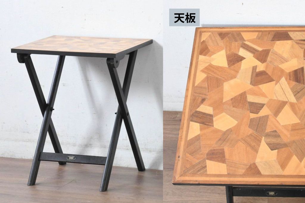 ヴィンテージ家具　フィリピン製 　WOODFLEX PHILS.INC　パーケットリー天板の折り畳みサイドテーブル　(R-083445)
