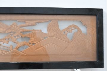 ビンテージ建具　両面ガラス　松の木と古都の情景が素敵な彫刻欄間2枚セット(明かり取り、明り取り、ヴィンテージ)(R-083461)