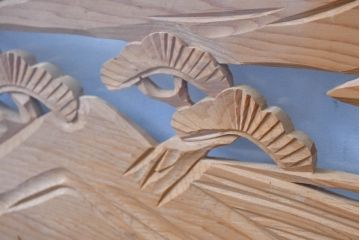 ビンテージ建具　両面ガラス　松の木と古都の情景が素敵な彫刻欄間2枚セット(明かり取り、明り取り、ヴィンテージ)(R-083461)
