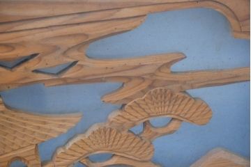 ビンテージ建具　両面ガラス　松の木と古都の情景が素敵な彫刻欄間2枚セット(明かり取り、明り取り、ヴィンテージ)(R-083461)