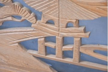 ビンテージ建具　両面ガラス　松の木と古都の情景が素敵な彫刻欄間2枚セット(明かり取り、明り取り、ヴィンテージ)(R-083461)
