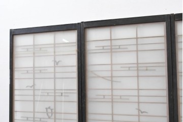 ヴィンテージ建具　昭和中期　海と富士山のモチーフ　組子が入った両面ガラスの書院戸4枚セット　(R-083470)