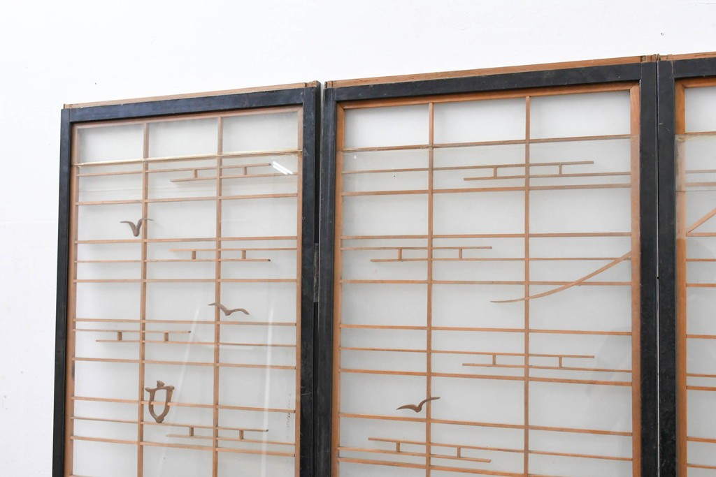 ヴィンテージ建具　昭和中期　海と富士山のモチーフ　組子が入った両面ガラスの書院戸4枚セット　(R-083470)