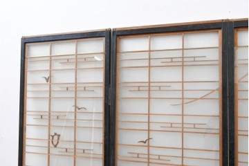 ヴィンテージ建具　昭和中期　海と富士山のモチーフ　組子が入った両面ガラスの書院戸4枚セット　(R-083470)