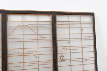 ヴィンテージ建具　昭和中期　海と富士山のモチーフ　組子が入った両面ガラスの書院戸4枚セット　(R-083470)