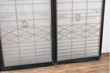 ヴィンテージ建具　昭和中期　海と富士山のモチーフ　組子が入った両面ガラスの書院戸4枚セット　(R-083470)