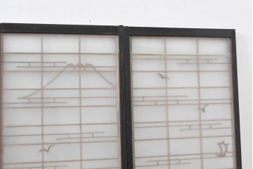 ヴィンテージ建具　昭和中期　海と富士山のモチーフ　組子が入った両面ガラスの書院戸4枚セット　(R-083470)