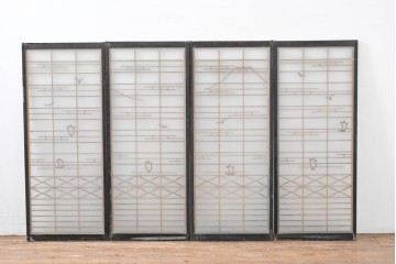 ヴィンテージ建具　昭和中期　海と富士山のモチーフ　組子が入った両面ガラスの書院戸4枚セット　(R-083470)