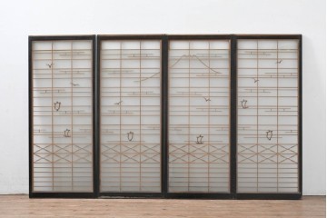 ヴィンテージ建具　昭和中期　海と富士山のモチーフ　組子が入った両面ガラスの書院戸4枚セット　(R-083470)