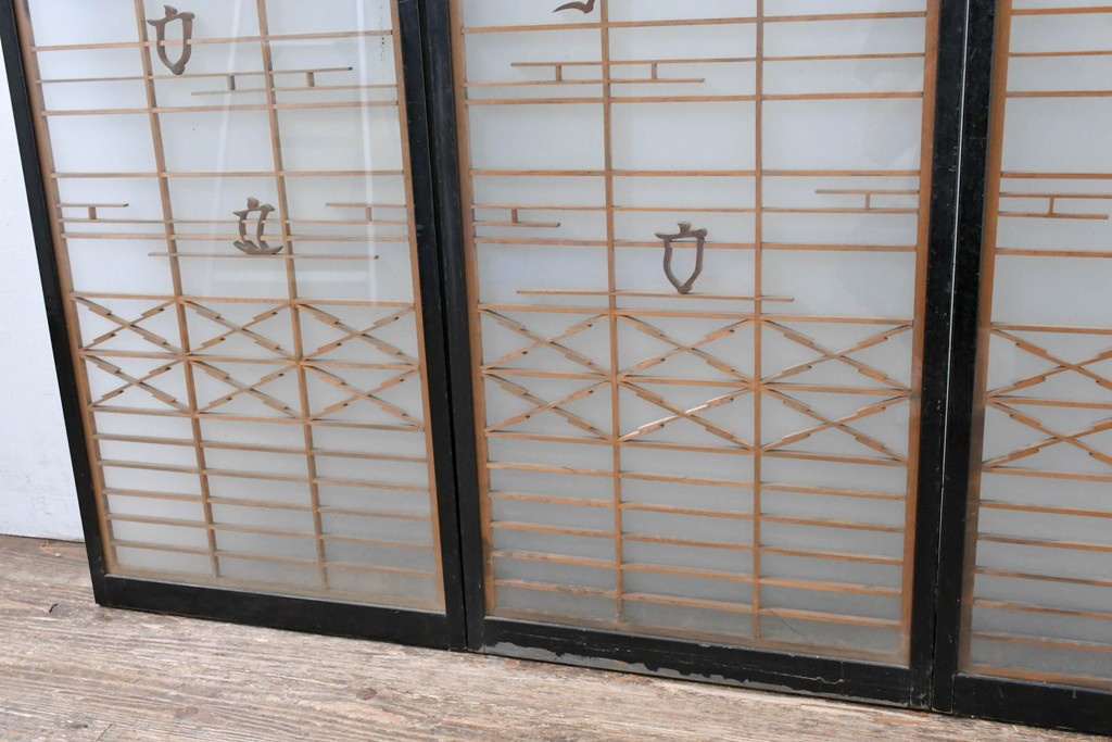 ヴィンテージ建具　昭和中期　海と富士山のモチーフ　組子が入った両面ガラスの書院戸4枚セット　(R-083470)