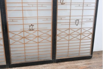 ヴィンテージ建具　昭和中期　海と富士山のモチーフ　組子が入った両面ガラスの書院戸4枚セット　(R-083470)