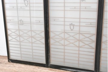 ヴィンテージ建具　昭和中期　海と富士山のモチーフ　組子が入った両面ガラスの書院戸4枚セット　(R-083470)