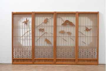 ヴィンテージ建具　昭和中期　組子と彫刻をあしらった片面ガラスの書院戸4枚セット　(R-083471)